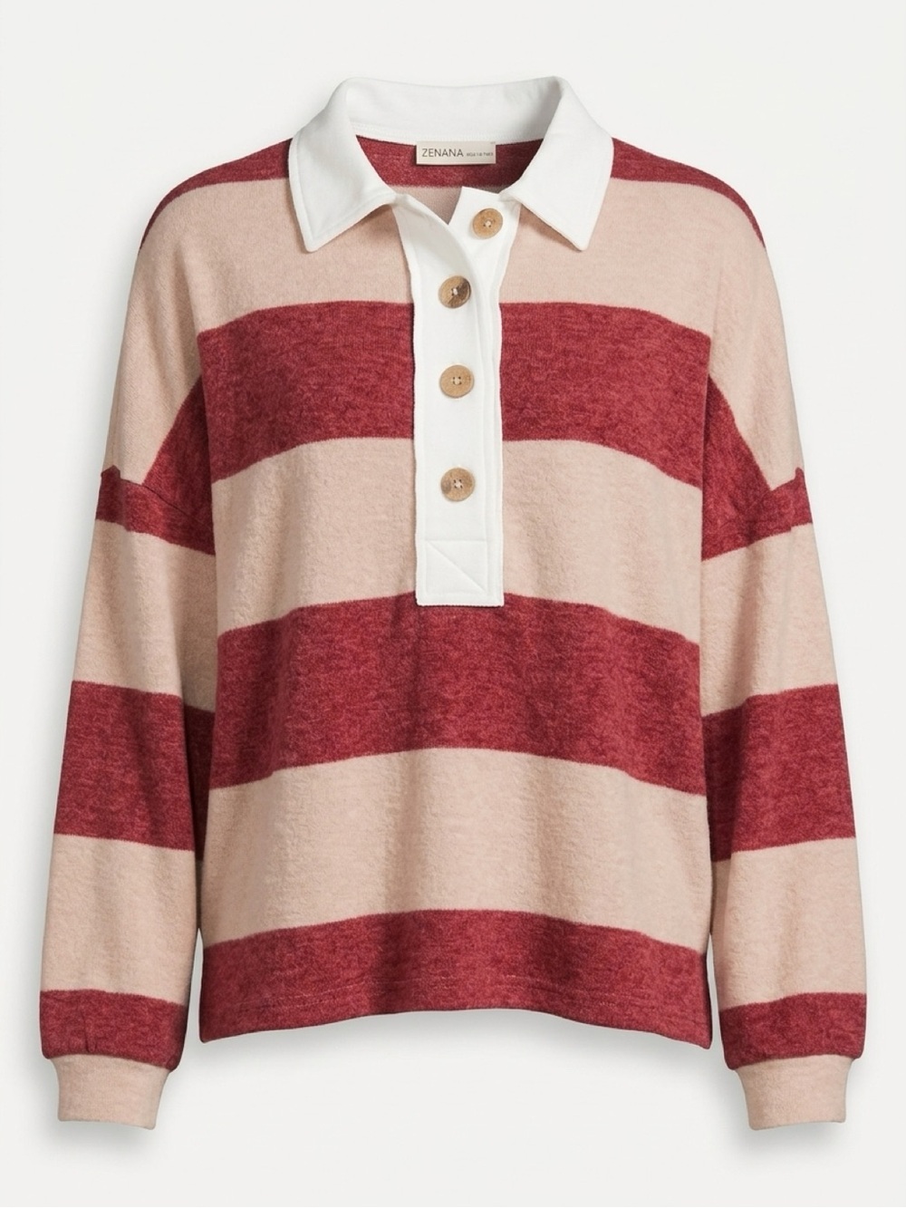 Zenana  Wide Stripe Rugby Style Sweater Top - Cream & Burgundy